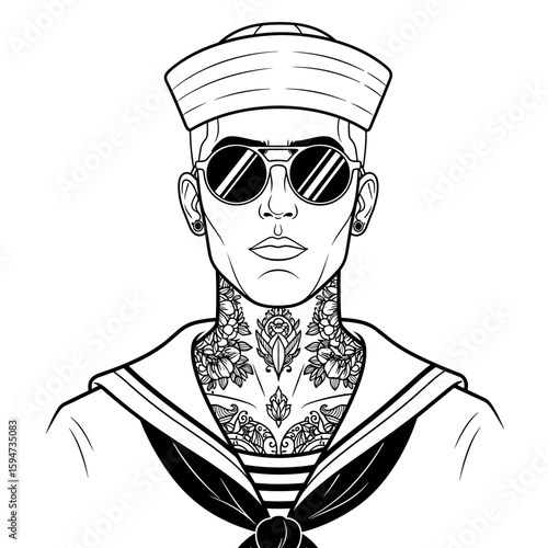 Front view of a tattooed sailor man in a sailor uniform with sunglasses and intricate body art