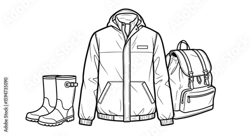 Outdoor gear: waterproof jacket, rubber boots, and a practical backpack for adventures