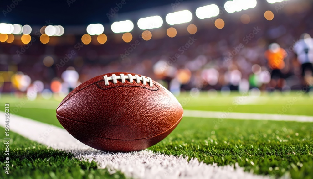 Obraz premium American football resting on a first down line during an American football game. The ball is ready to be snapped to start a new play. Lots of copy space