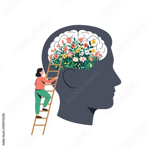 Concept of psychology and mental health. A woman climbs a ladder towards a brain silhouette filled with colorful flowers, symbolizing growth and mental well-being.