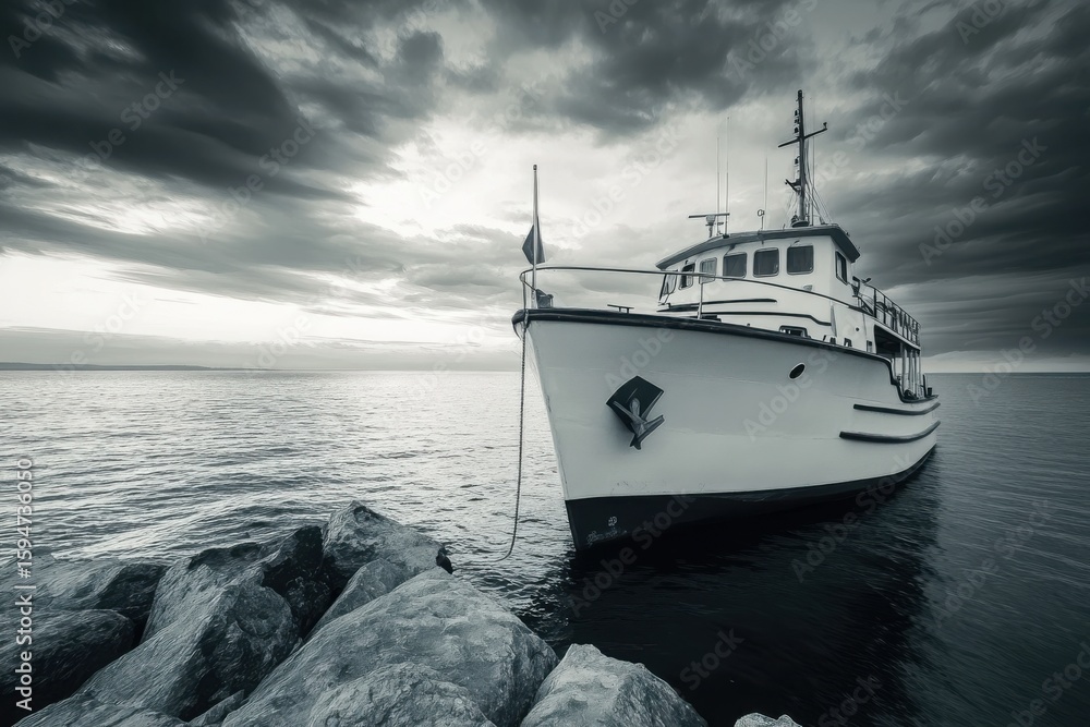 Naklejka premium White vessel moored by rocky shore under dramatic sky boat water
