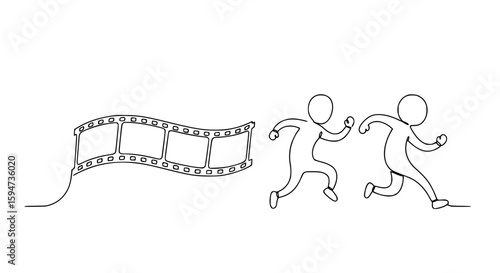 Two stick figure runners in motion with film strip design  
