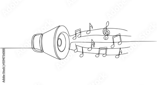 Speaker emitting sound with musical notes in single line outline vector  