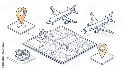 Illustration depicting air travel planning with map, airplanes, and location markers.