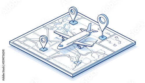 A stylized illustration of an airplane on a map with location markers, representing travel.