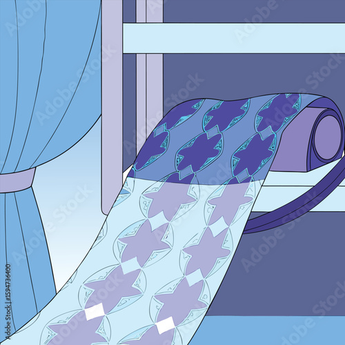 Blue patterned fabric unrolling from a roll with draped curtains vector