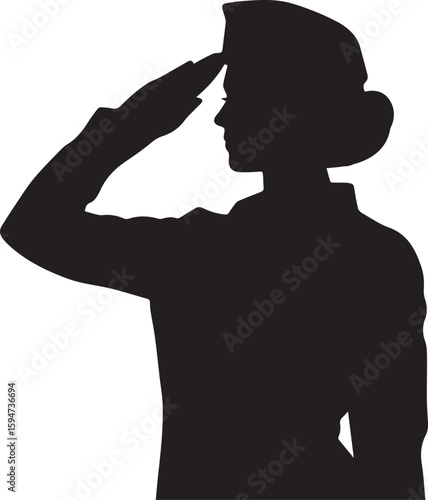 Flat Silhouette of Female Veteran in Uniform Saluting