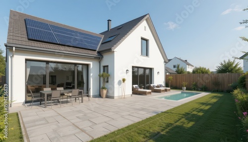 Modern House with Solar Panels, Pool, and Patio