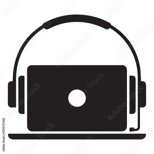 Vector art of a laptop with headphones on top is depicted in black silhouette, isolated on white background