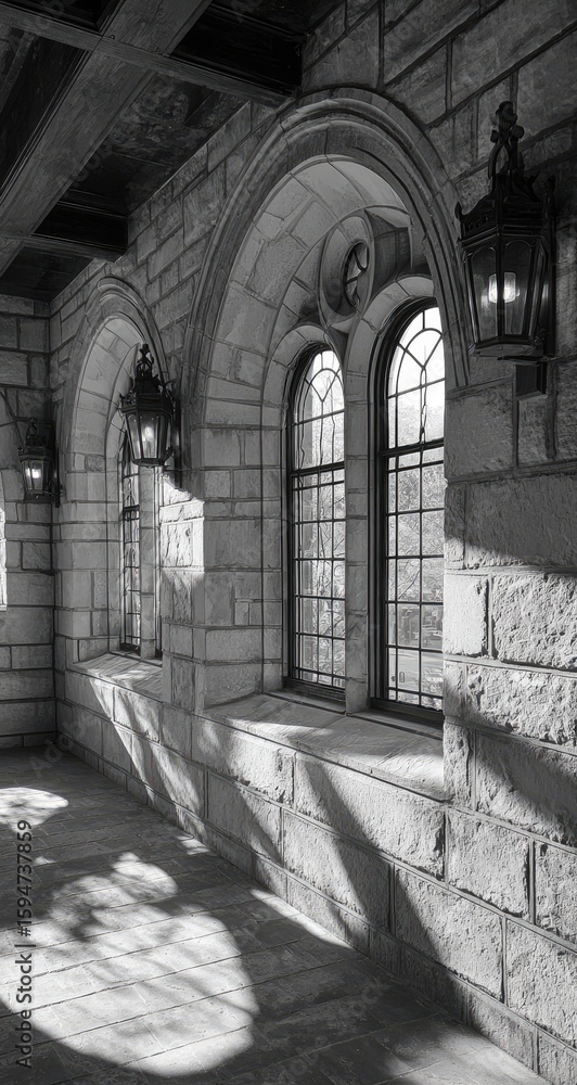 Obraz premium Stone corridor with arched windows and shadows.