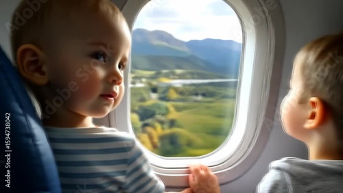 Young child gazes out airplane window, captivated by the sights of nature and mountains during a memorable flight experience