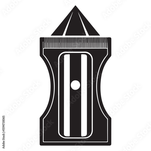 Black pencil sharpener with pointed tip and circular opening white stationery