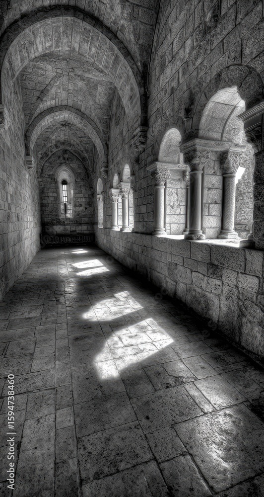 Fototapeta premium Interior corridor with arched windows and sunlight.