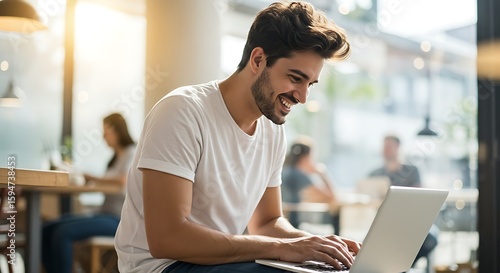 A young man smiling while working on his laptop at home, sitting comfortably in an armchair near a bright window, creating a cozy and productive remote work environment.