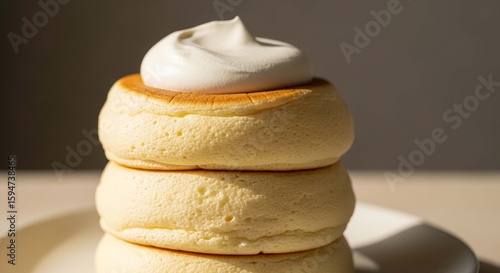 Fluffy Japanese souffle pancakes topped with whipped cream, close-up view.