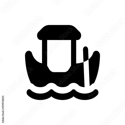 Silhouette of a gondola with a canopy and a single oar on wavy water in a simple black and white design