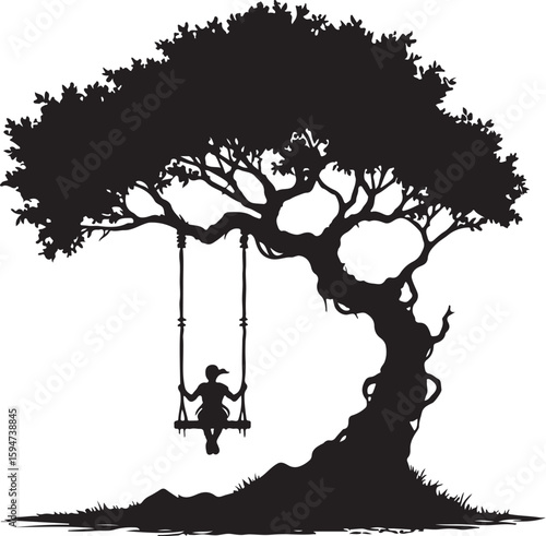 Majestic Tree with Swing Silhouette - Childhood Memories Concept