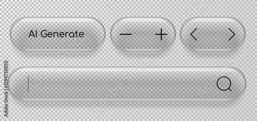 User interface buttons in glass realistic style. Vector 3d illustration.