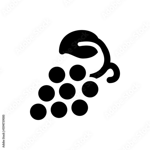 Illustration of a bunch of grapes with a leaf and stem in black silhouette on a white background design element