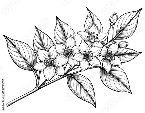 LHand-Drawn Black Ink Jasmine Illustration with Fine Line Details, isolated on transparent background