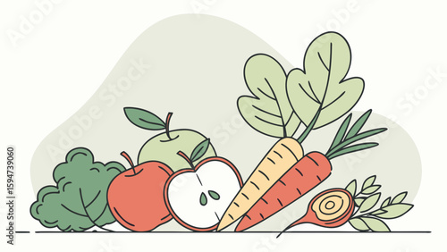 Fresh Fruits and Vegetables Displayed in a Vibrant Kitchen Environment for Healthy Eating Concept