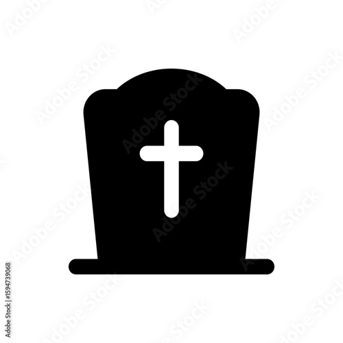 Illustration of a black tombstone with a white cross in the center on a white background in simple style