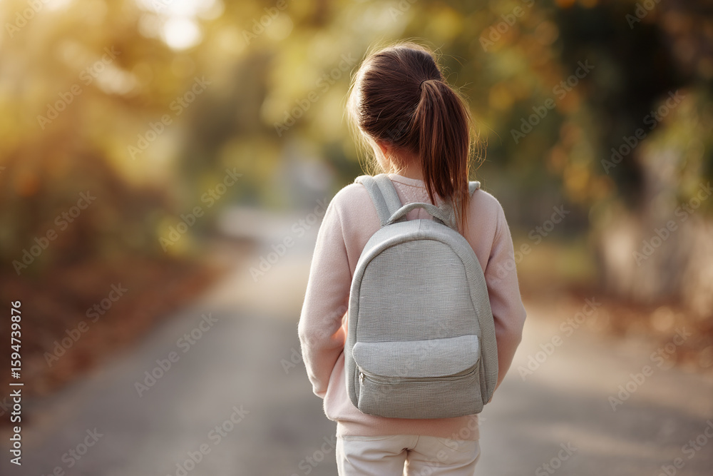 Fototapeta premium Young girl with backpack walking on path. Back to school, outdoor setting, natural light, neutral colors, childhood innocence, and adventure.