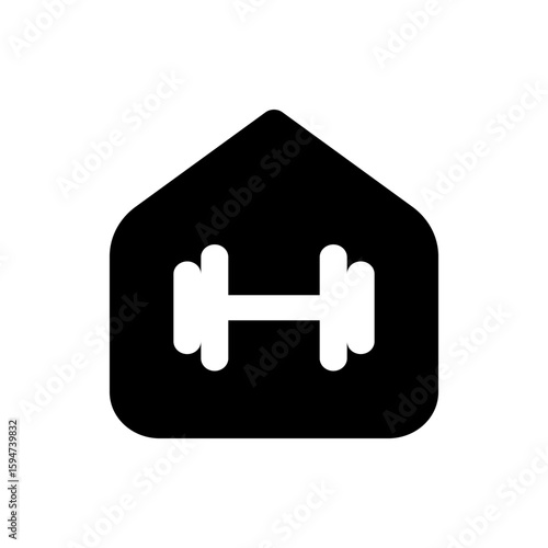 A black house shaped icon containing a white dumbbell centered inside representing home fitness concept