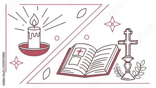 Candle Lighting Ceremony, Faith Symbolism, Spiritual Reflection, Illustrated Design, Minimalist Style, Artistic Expression in Sacred Spaces