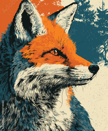 Vibrant Pop Art Fox Head Illustration in Profile