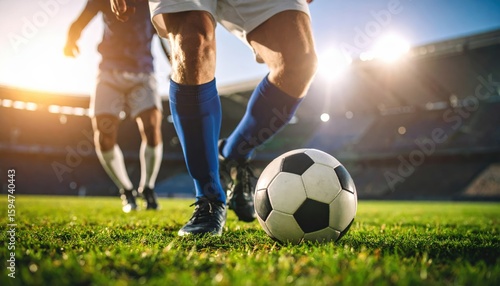 Close Up Action Scene of Competing Soccer Players in a Stadium During a Match