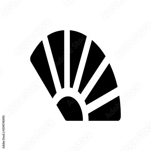 A simple black and white graphic illustration of a folding fan with radiating lines on a white background
