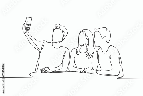 Three friends taking a selfie with a single line drawing style