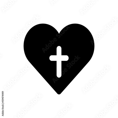 Black heart shape with a white christian cross centered inside symbolizing faith and love together forever