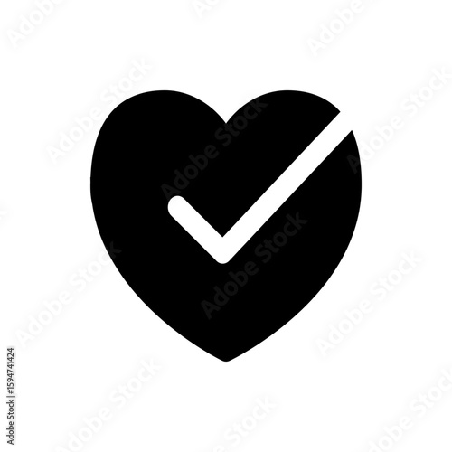 Black heart shape with a white check mark overlaying it indicating approval or validation symbol icon design