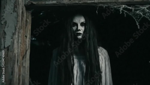 Scary Female Ghost in Window of Abandoned Wooden Cabin at Night