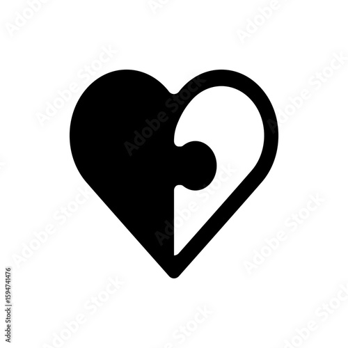 Black and white heart shape composed of a solid half and a puzzle piece outline on a white background