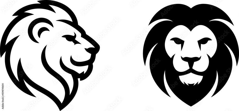 Fototapeta premium Vector art of lion head icons in profile and front view, symbolizing power and majesty