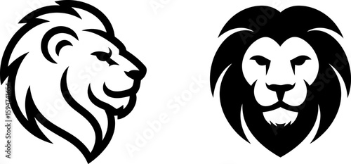 Vector art of lion head icons in profile and front view, symbolizing power and majesty
