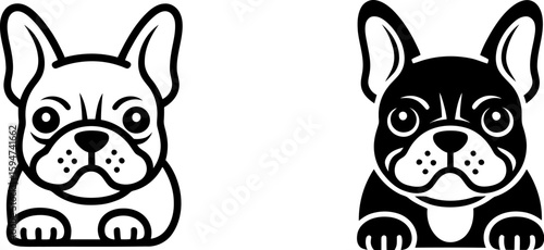 Vector art of cute french bulldog face icons in outline and filled styles, representing a beloved pet