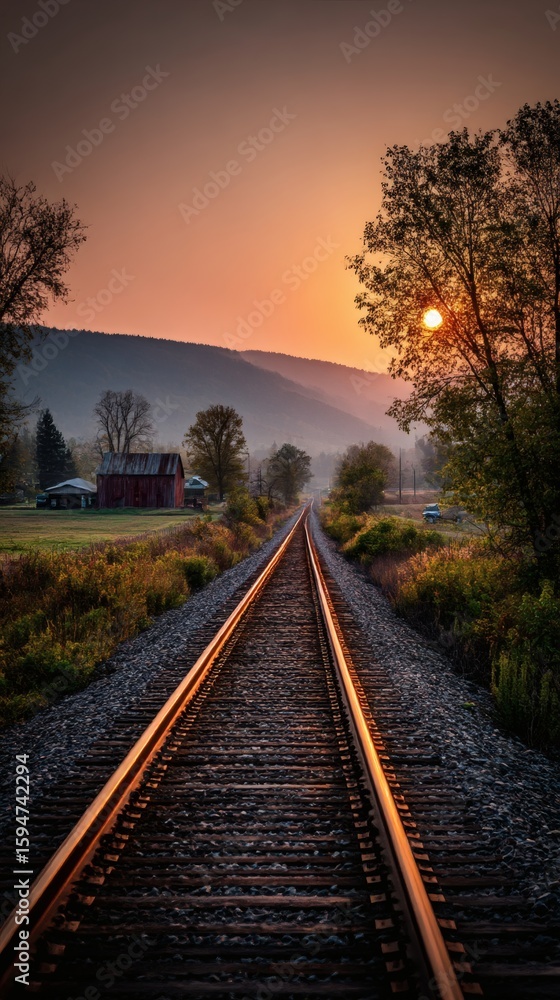 Fototapeta premium Journey's end: a long railway line stretches into the sunset, with steel tracks disappearing toward the distant horizon, a path for transport and travel