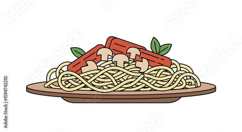 Delicious plate of spaghetti with meaty toppings and fresh basil garnish