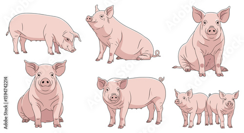 A charming collection of adorable pink farm animals demonstrating various poses and activities