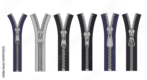 Illustrations of various types of zipper fasteners in a row showing their interlocking mechanisms and slider components
