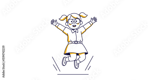 Excited energetic young girl with glasses joyfully jumping high upward mid-air showing enthusiasm and happiness
