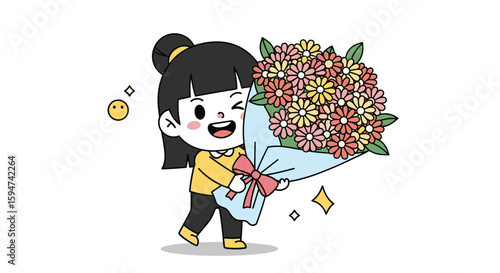 Adorable cartoon girl joyfully carries a generous bouquet of colorful flowers