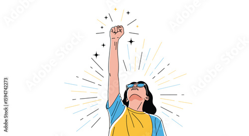 A woman victoriously raises her fist towards the sky symbolizing strength and determination