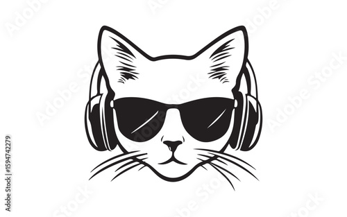 Cool Cat DJ Logo with Headphones and Sunglasses  Minimalist Music Icon Design