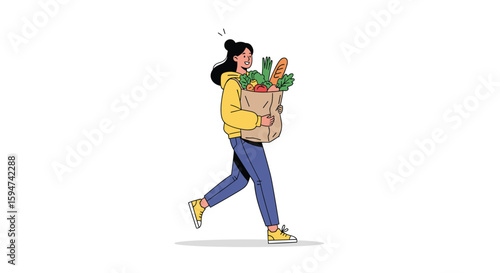 Young woman happily carries full grocery bag filled with fresh produce home after shopping