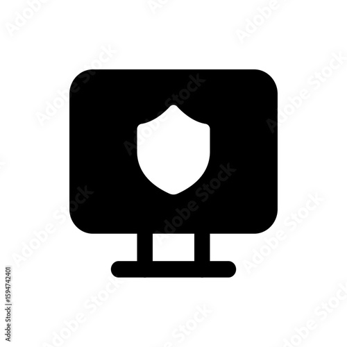 Computer monitor displaying a shield icon representing security and protection on a black background design
